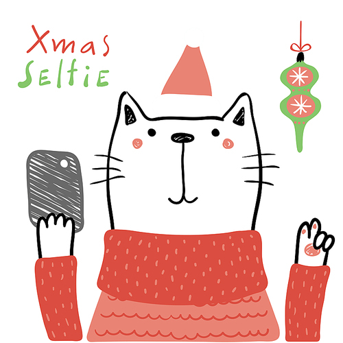 Hand drawn vector illustration of a cute funny cat in a Santa hat, with a smart phone, text Xmas selfie. Isolated objects on white . Line drawing. Design concept for Christmas card, invite.