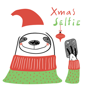 Hand drawn vector illustration of a cute funny sloth in a Santa hat, with a smart phone, text Xmas selfie. Isolated objects on white background. Line drawing. Design concept for Christmas card, invite