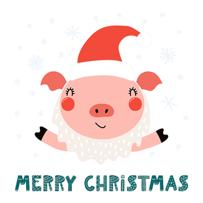 Hand drawn vector illustration of a cute funny pig in a Santa Claus hat, beard, with text Merry Christmas. Isolated objects on white background. Scandinavian style flat design. Concept card, invite.