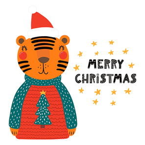 Hand drawn vector illustration of a cute funny tiger in a Santa hat, sweater, with text Merry Christmas. Isolated objects on white background. Scandinavian style flat design. Concept for card, invite.