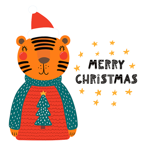 Hand drawn vector illustration of a cute funny tiger in a Santa hat, sweater, with text Merry Christmas. Isolated objects on white . Scandinavian style flat design. Concept for card, invite.