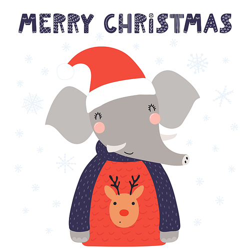 Hand drawn vector illustration of a cute funny elephant in a Santa hat, sweater, with text Merry Christmas. Isolated objects on white . Scandinavian style flat design. Concept card, invite.