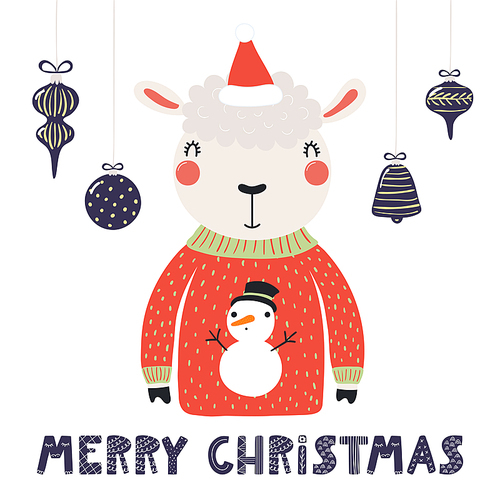 Hand drawn vector illustration of a cute funny sheep in a Santa hat, sweater, with text Merry Christmas. Isolated objects on white . Scandinavian style flat design. Concept for card, invite.