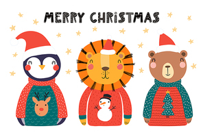 Hand drawn vector illustration of cute animals lion, penguin, bear in Santa hats, sweaters, with text Merry Christmas. Isolated objects on white. Scandinavian style flat design. Concept for card.