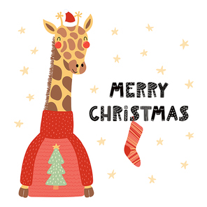 Hand drawn vector illustration of a cute funny giraffe in a Santa Claus hat, sweater, with text Merry Christmas. Isolated objects on white. Scandinavian style flat design. Concept for card, invite.