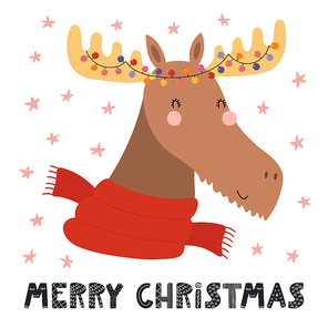 Hand drawn vector illustration of a cute funny moose in a scarf, with lights, text Merry Christmas. Isolated objects on white background. Scandinavian style flat design. Concept for card, invite.
