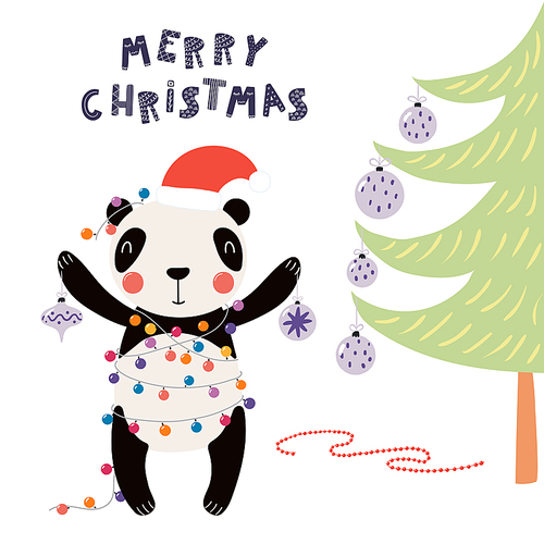 Hand drawn vector illustration of a cute panda in a Santa hat, with lights, ornaments, tree, text Merry Christmas. Isolated objects on white. Scandinavian style flat design. Concept for card, invite.