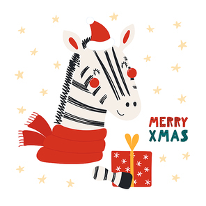 Hand drawn vector illustration of a cute funny zebra in a Santa hat, scarf, with gift, text Merry Xmas. Isolated objects on white. Scandinavian style flat design. Concept for Christmas card, invite.