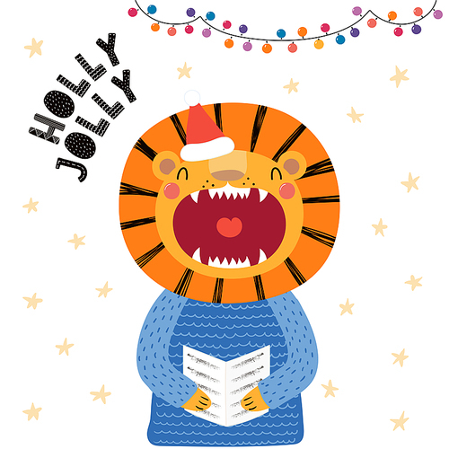 Hand drawn vector illustration of a cute lion in a Santa hat, sweater, singing carols, with text Holly Jolly. Isolated objects on white. Scandinavian style flat design. Concept Christmas card, invite.