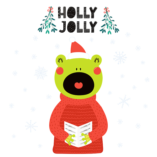 Hand drawn vector illustration of a cute frog in a Santa hat, sweater, singing carols, with text Holly Jolly. Isolated objects on white. Scandinavian style flat design. Concept Christmas card, invite.