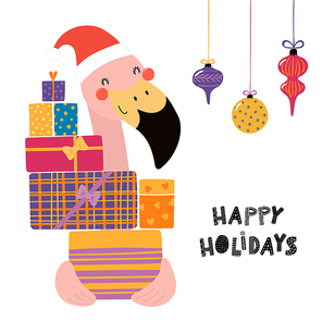 Hand drawn vector illustration of a cute flamingo in a Santa hat buying presents, with text Happy holidays. Isolated objects on white. Scandinavian style flat design. Concept Christmas card, invite.