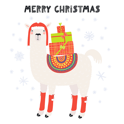 Hand drawn vector illustration of a cute funny llama in a hat, with gifts, text Merry Christmas. Isolated objects on white . Scandinavian style flat design. Concept for card, invite.