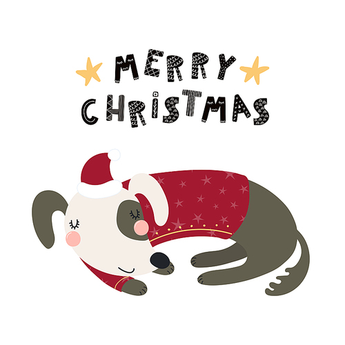 Hand drawn vector illustration of a cute funny sleeping dog in a Santa Claus hat, with text Merry Christmas. Isolated objects on white . Scandinavian style flat design. Concept card, invite.