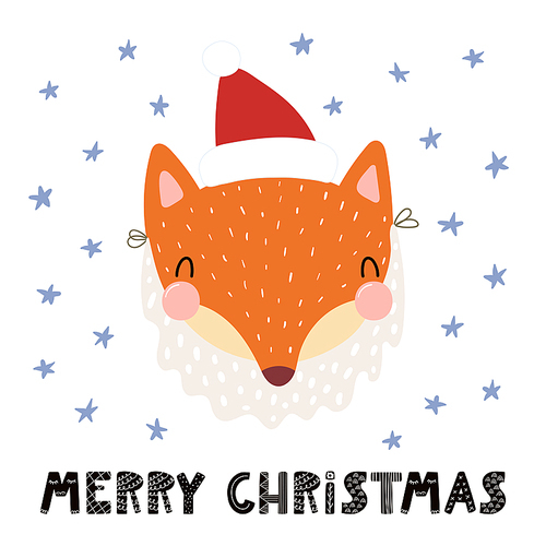 Hand drawn vector illustration of a cute funny fox in a Santa Claus hat, beard, with text Merry Christmas. Isolated objects on white . Scandinavian style flat design. Concept card, invite.