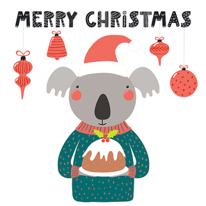 Hand drawn vector illustration of a cute funny koala in a Santa hat, sweater, with pudding, text Merry Christmas. Isolated objects on white. Scandinavian style flat design. Concept for card, invite.