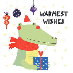 Hand drawn vector illustration of a cute crocodile in a Santa Claus hat, scarf, with gift, text Warmest wishes. Isolated objects on white. Scandinavian style flat design. Concept for Christmas card.
