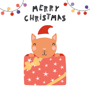Hand drawn vector illustration of a cute funny cat in a Santa hat hiding in a gift box, with text Merry Christmas. Isolated objects on white. Scandinavian style flat design. Concept for card, invite.