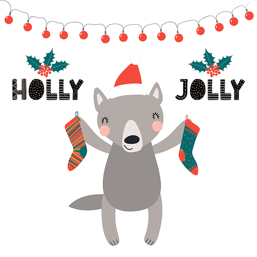 Hand drawn vector illustration of a cute funny wolf in a Santa Claus hat, with Christmas stockings, text Holly Jolly. Isolated objects on white. Scandinavian style flat design. Concept card, invite.