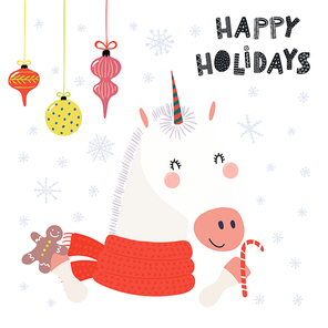 Hand drawn vector illustration of a cute unicorn in a scarf, with sugar cane, gingerbread, text Happy holidays. Isolated objects on white. Scandinavian style flat design. Concept for Christmas card .