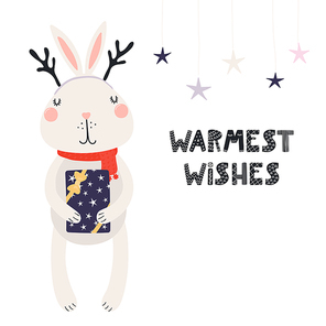 Hand drawn vector illustration of a cute funny bunny in deer antlers, scarf, with gift, text Warmest wishes. Isolated objects on white. Scandinavian style flat design. Concept Christmas card, invite.