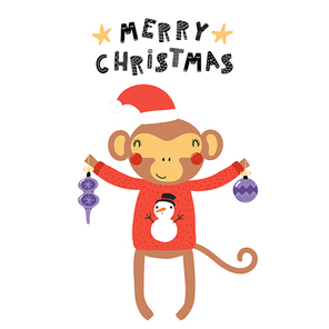 Hand drawn vector illustration of a cute funny monkey in a Santa Claus hat, sweater, with ornaments, text Merry Christmas. Isolated objects on white. Scandinavian style flat design. Concept for card.