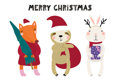Hand drawn vector illustration of cute animals fox, sloth, bunny in Santa hats, with tree, bag, gift, text Merry Christmas. Isolated objects on white. Scandinavian style flat design. Concept for card.