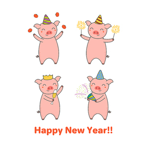 Hand drawn New Year greeting card with cute funny pigs celebrating, typography. Isolated objects on white background. Line drawing. Vector illustration. Design concept for party, invitation.