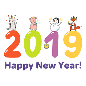 Hand drawn New Year 2019 greeting card, banner with cute funny animals standing on big numbers, celebrating, typography. Line drawing. Isolated objects. Vector illustration. Design concept for party.