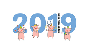Hand drawn New Year 2019 greeting card, banner template with big numbers, cute funny pigs celebrating, typography. Line drawing. Isolated objects. Vector illustration. Design concept for party.