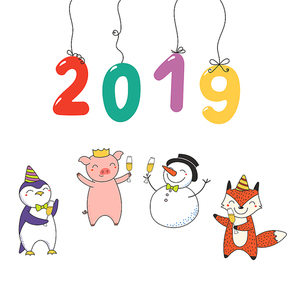 Hand drawn New Year 2019 card, banner with numbers hanging on strings, cute funny animals celebrating. Line drawing. Isolated objects on white background. Vector illustration. Design concept for party