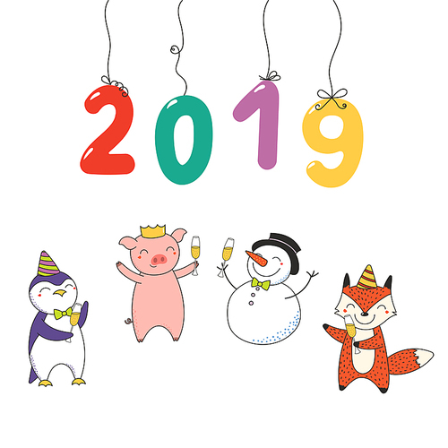 Hand drawn New Year 2019 card, banner with numbers hanging on strings, cute funny animals celebrating. Line drawing. Isolated objects on white . Vector illustration. Design concept for party