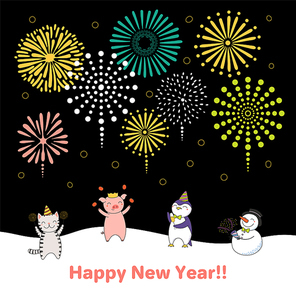 Hand drawn New Year 2019 card, banner template with cute funny animals celebrating, fireworks in the dark sky, typography. Line drawing. Isolated objects. Vector illustration. Design concept for party