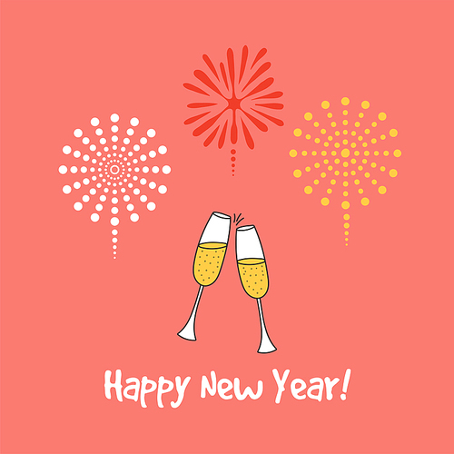 Hand drawn Happy New Year greeting card, banner template with clinking champagne glasses, fireworks, typography. Isolated objects. Vector illustration. Design concept for party, celebration.