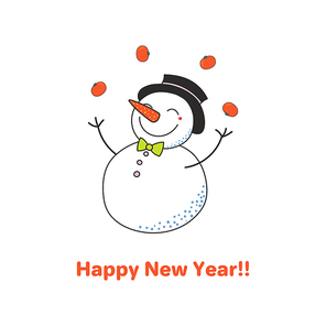 Hand drawn Happy New Year greeting card with cute funny cartoon snowman juggling tangerines, typography. Isolated objects on white background. Vector illustration. Design concept party, celebration.
