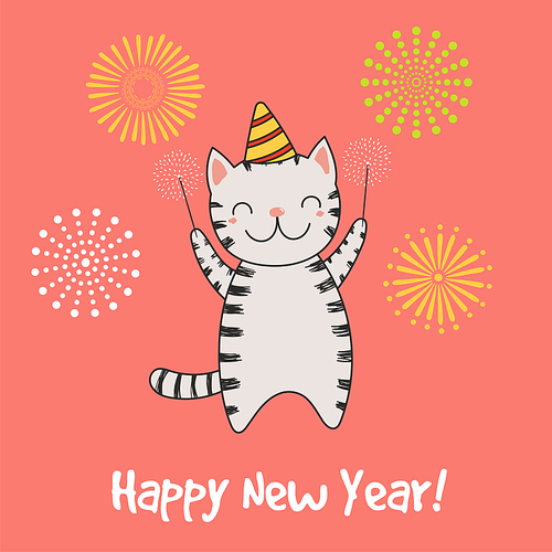 Hand drawn Happy New Year greeting card with cute funny cartoon cat with sparklers, typography. Isolated objects on a background with fireworks. Vector illustration. Design concept party, celebration
