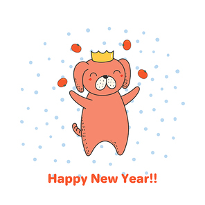 Hand drawn Happy New Year greeting card with cute funny cartoon dog juggling tangerines, typography. Isolated objects on white background. Vector illustration. Design concept party, celebration.