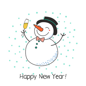 Hand drawn Happy New Year greeting card with cute funny cartoon snowman with a glass of champagne, text. Isolated objects on white background. Vector illustration. Design concept party, celebration.