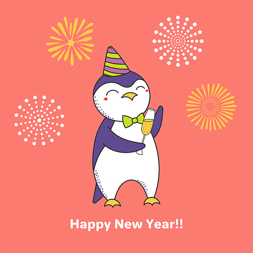 Hand drawn Happy New Year greeting card with cute funny cartoon penguin with a glass of champagne, fireworks, text. Isolated objects. Vector illustration. Design concept for party, celebration.