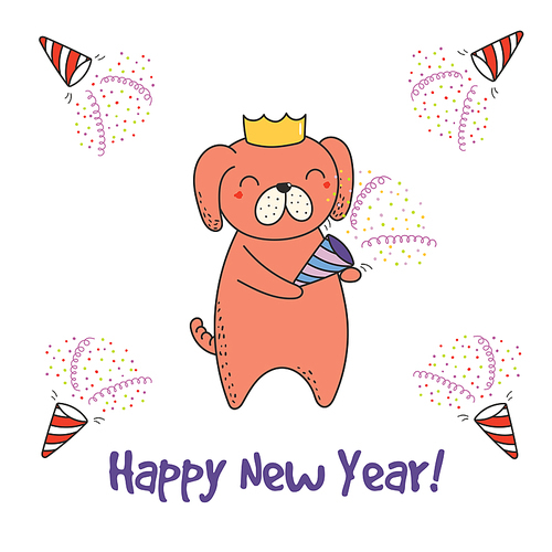 Hand drawn Happy New Year greeting card with cute funny cartoon dog with a party popper, typography. Isolated objects on white . Vector illustration. Design concept for celebration.