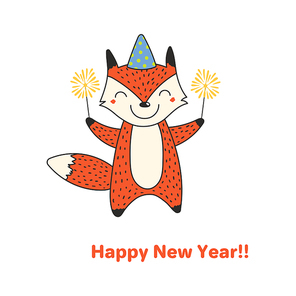 Hand drawn Happy New Year greeting card with cute funny cartoon fox with sparklers, typography. Isolated objects on on white background. Vector illustration. Design concept party, celebration
