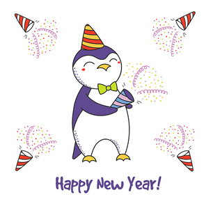 Hand drawn Happy New Year greeting card with cute funny cartoon penguin with a party popper, typography. Isolated objects on white background. Vector illustration. Design concept for celebration.