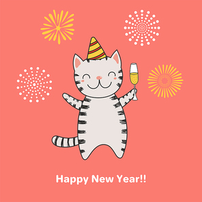 Hand drawn Happy New Year greeting card with cute funny cartoon cat with a glass of champagne, fireworks, typography. Isolated objects. Vector illustration. Design concept for party, celebration.