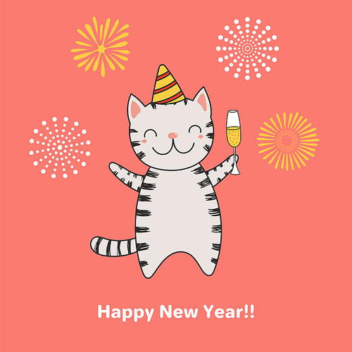 Hand drawn Happy New Year greeting card with cute funny cartoon cat with a glass of champagne, fireworks, typography. Isolated objects. Vector illustration. Design concept for party, celebration.