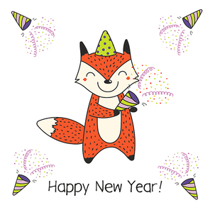Hand drawn Happy New Year greeting card with cute funny cartoon fox with a party popper, typography. Isolated objects on white . Vector illustration. Design concept for celebration.