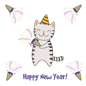 Hand drawn Happy New Year greeting card with cute funny cartoon cat with a party popper, typography. Isolated objects on white background. Vector illustration. Design concept for celebration.