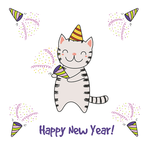 Hand drawn Happy New Year greeting card with cute funny cartoon cat with a party popper, typography. Isolated objects on white . Vector illustration. Design concept for celebration.