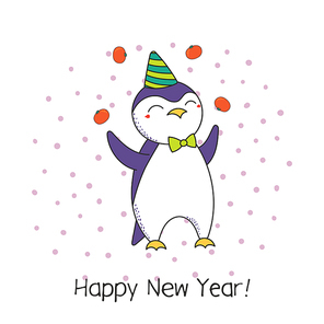Hand drawn Happy New Year greeting card with cute funny cartoon penguin juggling tangerines, typography. Isolated objects on white background. Vector illustration. Design concept party, celebration.