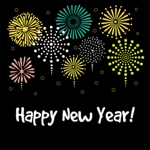 Hand drawn Happy New Year greeting card, banner template with typography, fireworks. Isolated objects on black background. Vector illustration. Design concept for party, celebration.