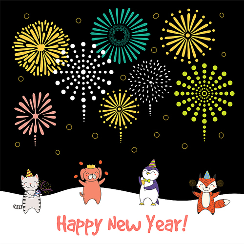 Hand drawn Happy New Year 2018 greeting card, banner template with cute funny cartoon animals celebrating, fireworks in the sky, text. Isolated objects. Vector illustration. Design concept for party.