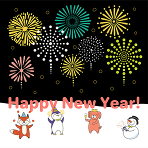 Hand drawn Happy New Year 2018 greeting card, banner template with cute funny cartoon animals celebrating, fireworks in the sky, text. Isolated objects. Vector illustration. Design concept for party.